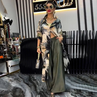 2025 Amazon Europe and America Foreign Trade New Personality Printed Loose Cardigan Top suit Wide Leg Pants Two-Piece Set