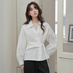 2025秋季新款设计感气质蕾丝拼接白色衬衫女收腰显瘦绑带长袖上衣