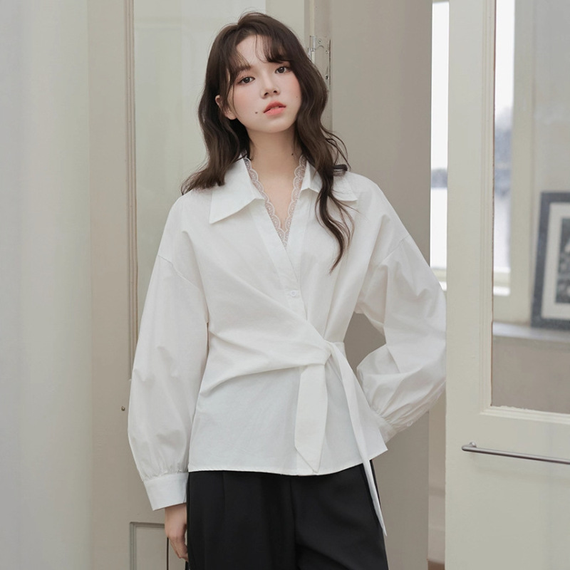 2025秋季新款设计感气质蕾丝拼接白色衬衫女收腰显瘦绑带长袖上衣|undefined