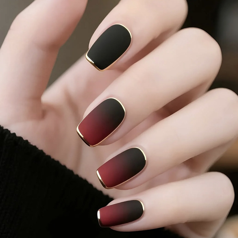 Wearable Nails with Medium-Sized European Square Shape, Black and Red Gradient, Gold Edge Decoration, Matte Finish, Removable Fake Nail Patches Wearable Nails with Medium-Sized European Square Shape, Black and Red Gradient, Gold Edge Decoration, Matte Finish, Removable Fake Nail Patches