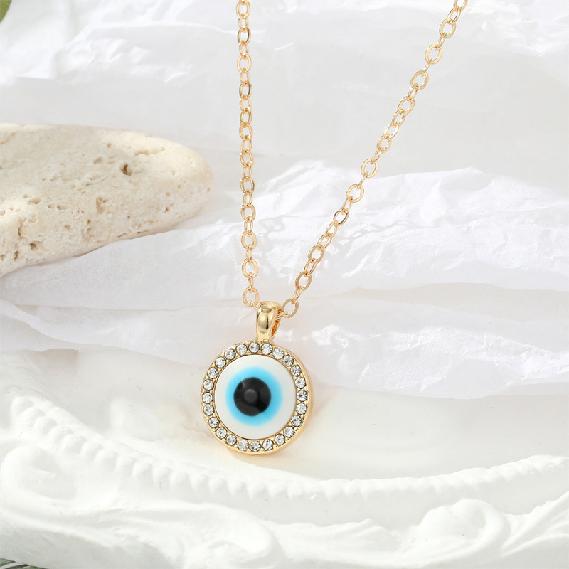 retro trend point diamond round Turkish eye pendant necklace clavicle chain
