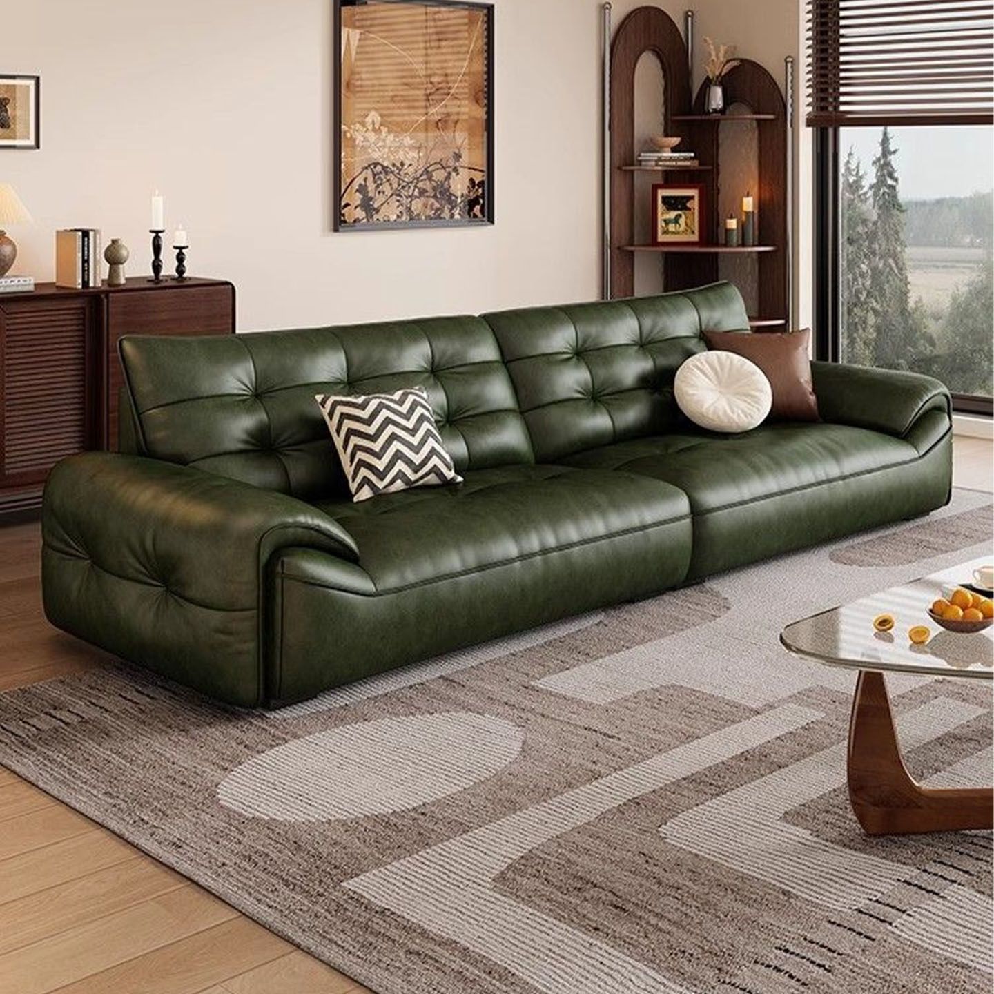 Vintage Green Leather Sofa, Antique-Style Living Room, Small Apartment, Straight-Row Sofa, French-Style Deep-Seated Oil-Waxed Cowhide Sofa