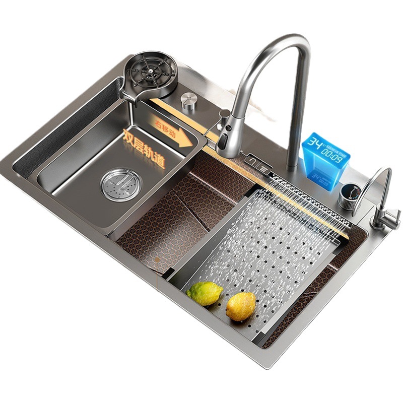 Configuración completa digital lluvia panal relieve Acero inoxidable cocina fregadero sola ranura nano Diamante Negro engrosado grande sola ranura
