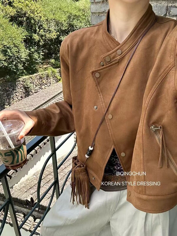 鹿皮绒立领小外套配流苏小包包2025秋装新款时尚外套女短款小个子|undefined