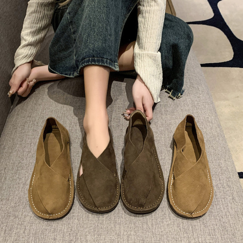 Summer Soft Leather Women's Round Toe Slip-On Roman Fisherman Sandals Women's Retro Sandals Plus Size