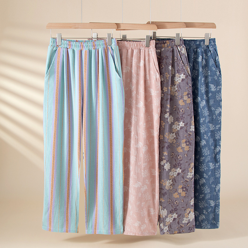 【30-50岁】全棉双层色织提花女士睡裤纯棉长裤大码家居裤休闲裤