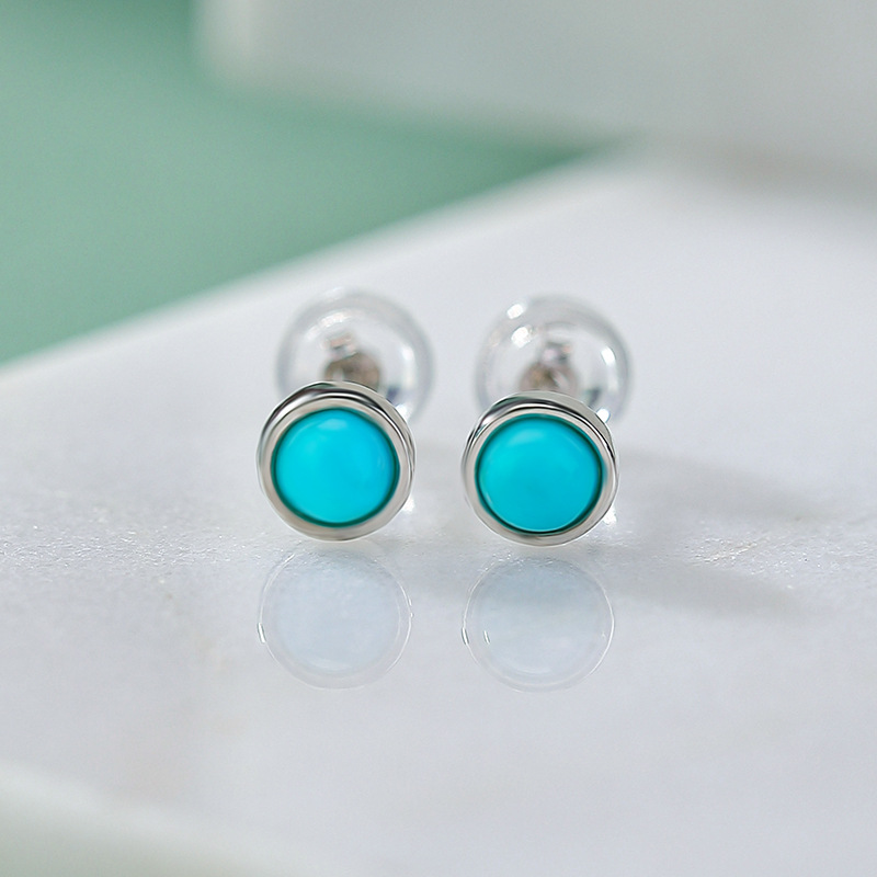 Bông tai bạc S925 hình tròn đính đá turquoise phong cách hình học nhỏ — một cặp