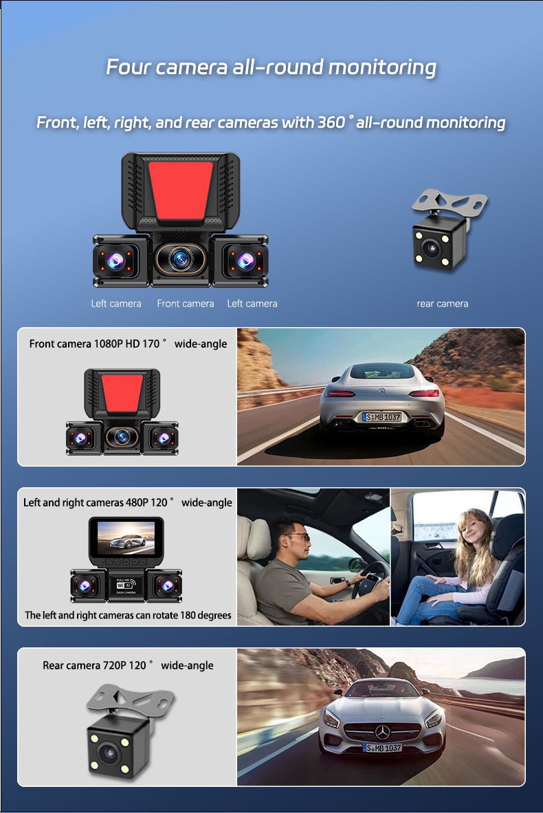 4-Lens Cross-Border Parking Monitoring Wifi Dash Cam with High-Definition Night Vision and 360-Degree Panoramic Reversing Image 3inch