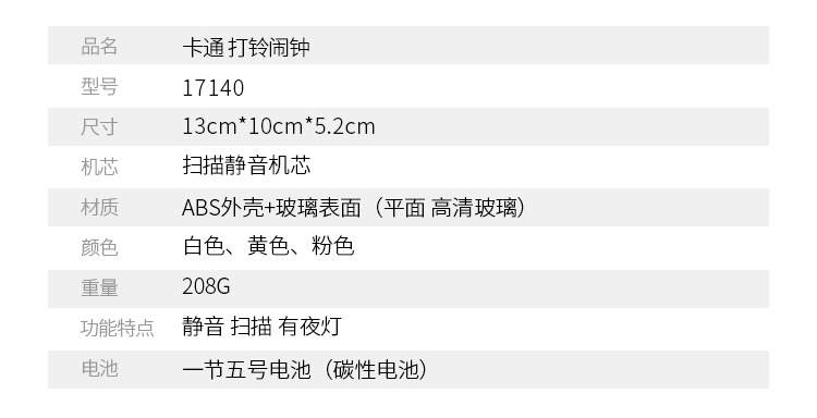 新款热卖学生卡通3寸小兔子粉色静音卡通金属外打铃闹钟 厂家直销详情5