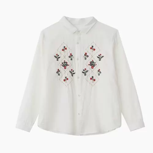 White long-sleeve for leisure, cardigan, shirt, oversize, with embroidery