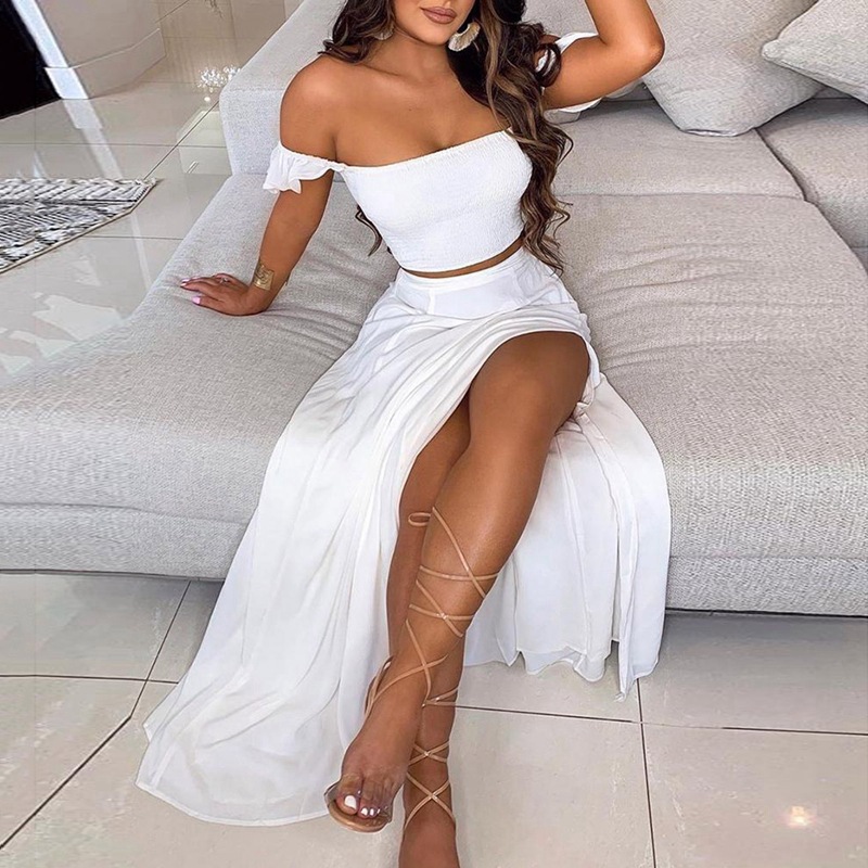 2022 European And American Summer Slim-Fit French Bohemian Print Mid-Length Vintage Strapless Dress Set For Women_ecoleips.com
