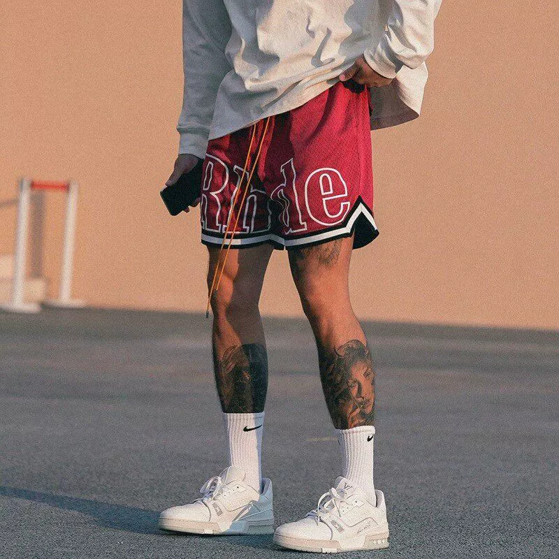 oversized letter mesh basketball shorts detail 2