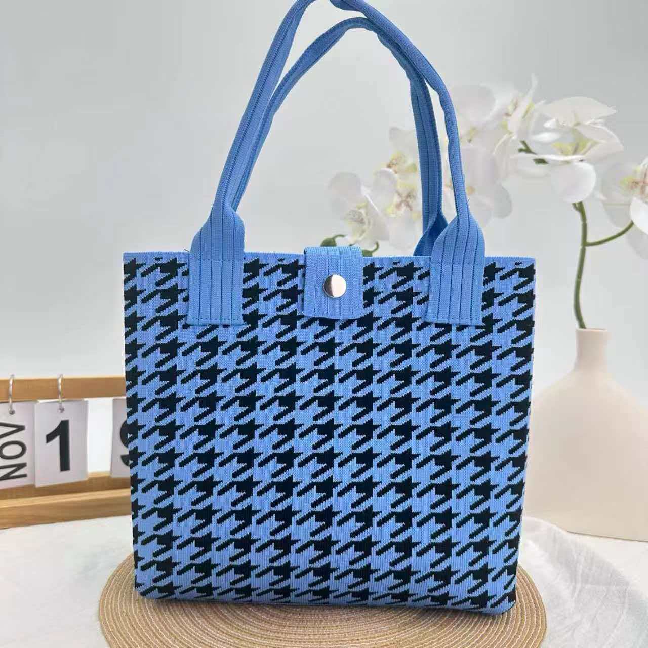 Houndstooth Knit Structured Large Capacity Square Handbag 7