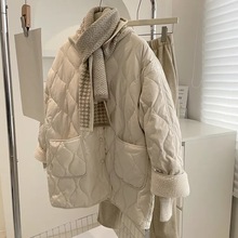 羊羔毛拼接羽绒棉服女2024冬季韩版宽松菱格轻薄保暖棉衣棉袄外套
