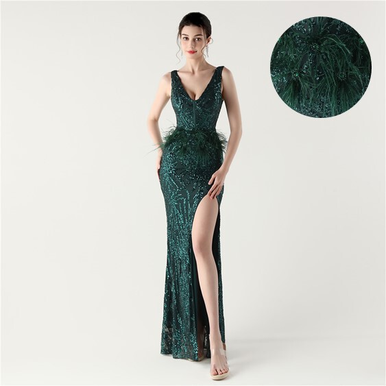 33230 # 2025 New Sequin Evening Dress with Feather Decoration, Sexy Deep V Cross Strap Bow Slim Fit 33230 # 2025 New Sequin Evening Dress with Feather Decoration, Sexy Deep V Cross Strap Bow Slim Fit
