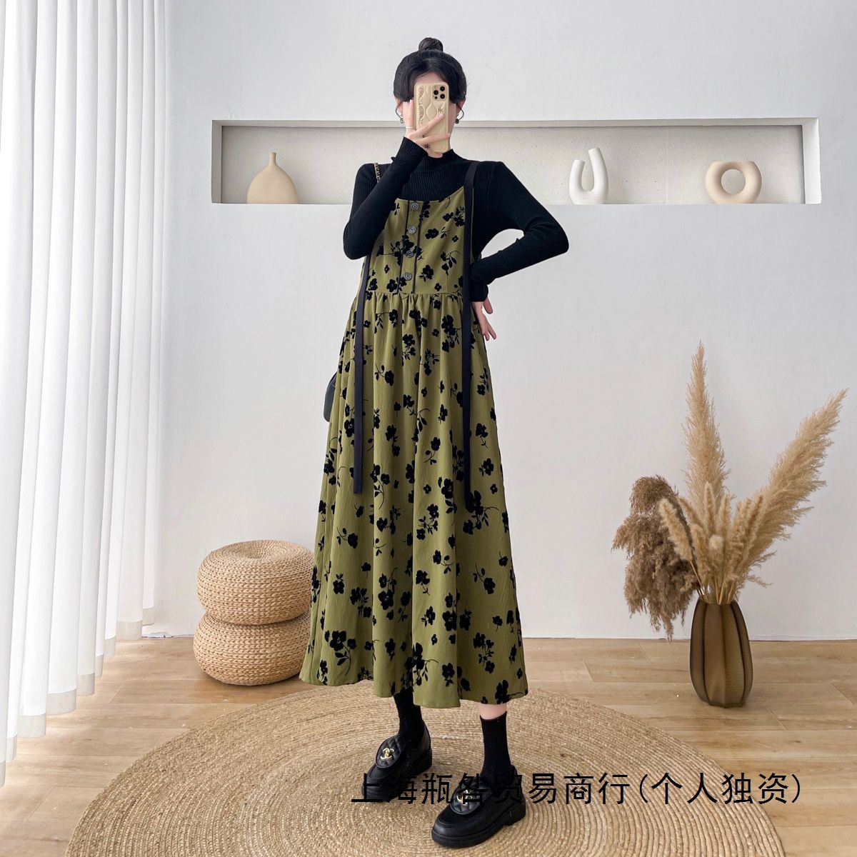 秋装新款韩版孕妇装宽松显瘦两件套连衣裙潮妈碎花裙+打底衫套装