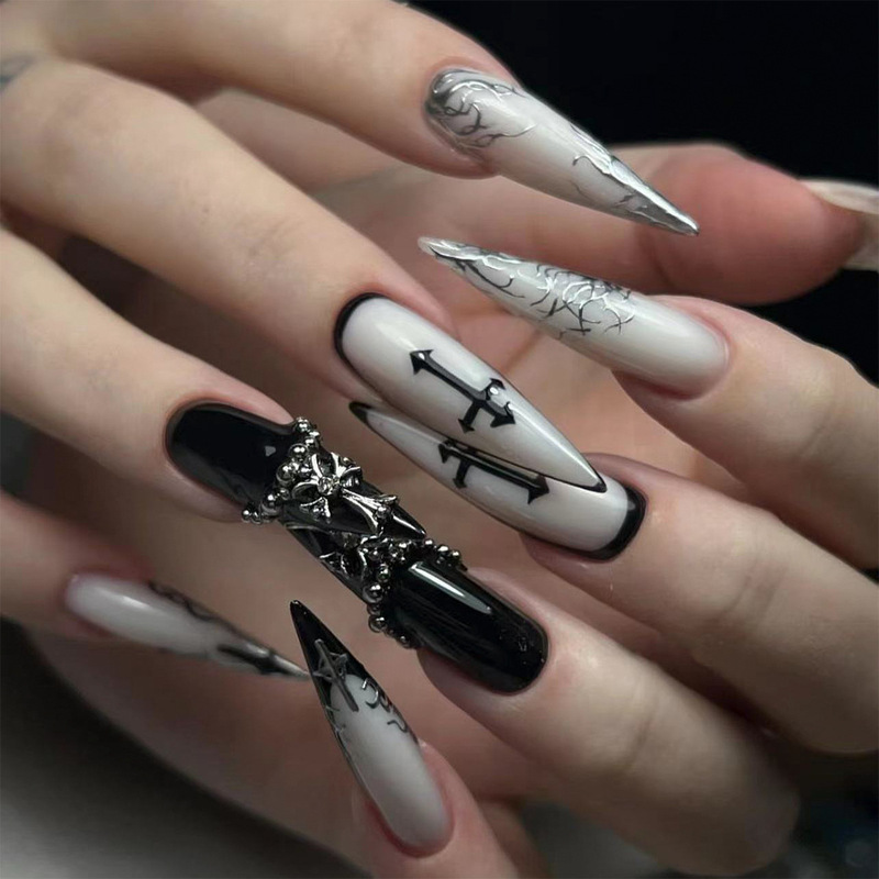 Foreign Trade Cross-Border Hot-Selling Long Pointed Manicure Black and White Gothic Style Dark Cross Diamond-Encrusted Wearable Nail Nail Patches
