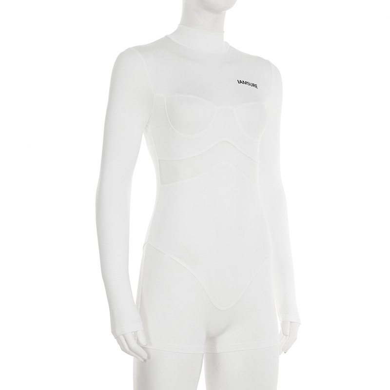 Street Sexy Casual Mesh Stitching One Piece Short Half Turtleneck Sexy Tight Long Sleeve Narrow Jumpsuit Women