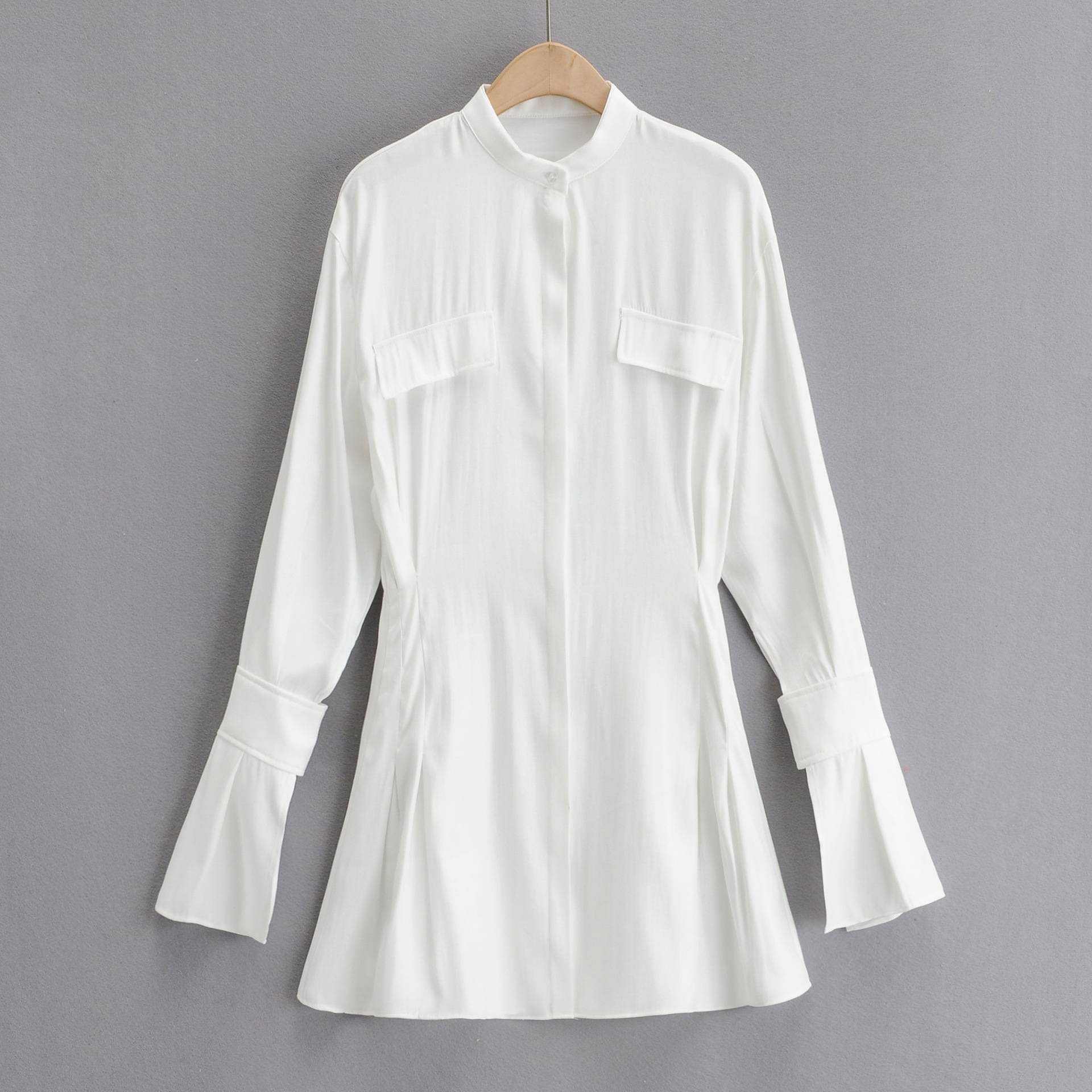 stand-up collar satin waist shirt dress  NSHS25183