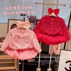 女童紅色毛衣開衫秋冬新款女寶寶針織亮片毛衣韓版洋氣蓬蓬網紗裙