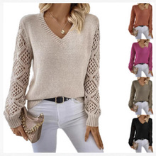 春秋欧美针织衫亚马逊速卖通2025跨境长袖V领套头镂空 纯色毛衣女