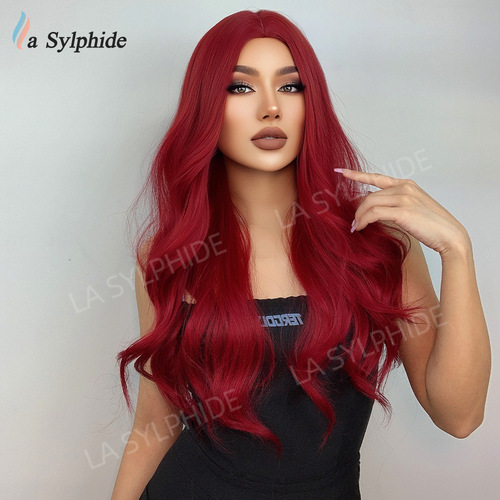 Navy Red Middle Part Long Wavy Synthetic Fiber Hair Wig for Women - European and American Style, Amazon New Arrival, Costume Wig