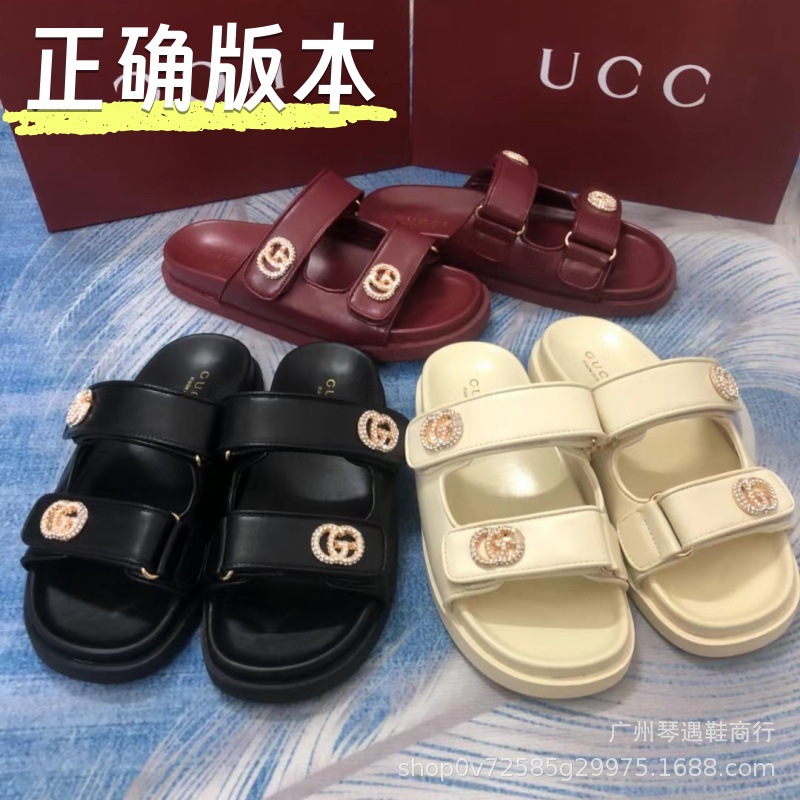 G Home Double Buckle Rhinestone Slippers Women's Shoes Thick Sole Internet Celebrous Beach Daily Leisure Vacation All-match Outer Wear Sandals