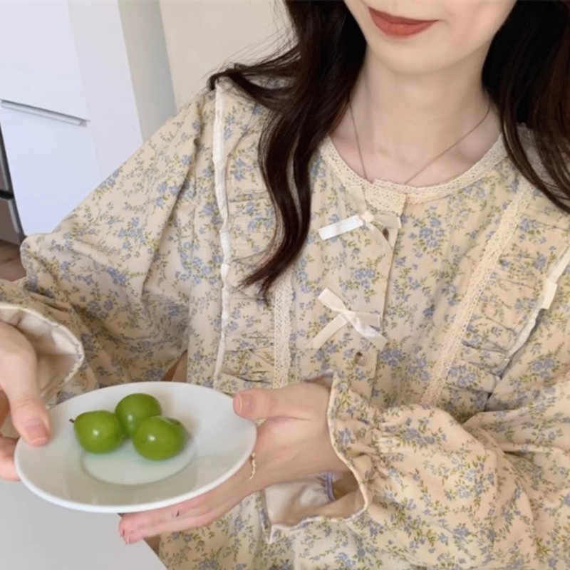 法式甜美睡衣女款春秋季2025年新款长袖蝴蝶结碎花家居服套装圆领|undefined