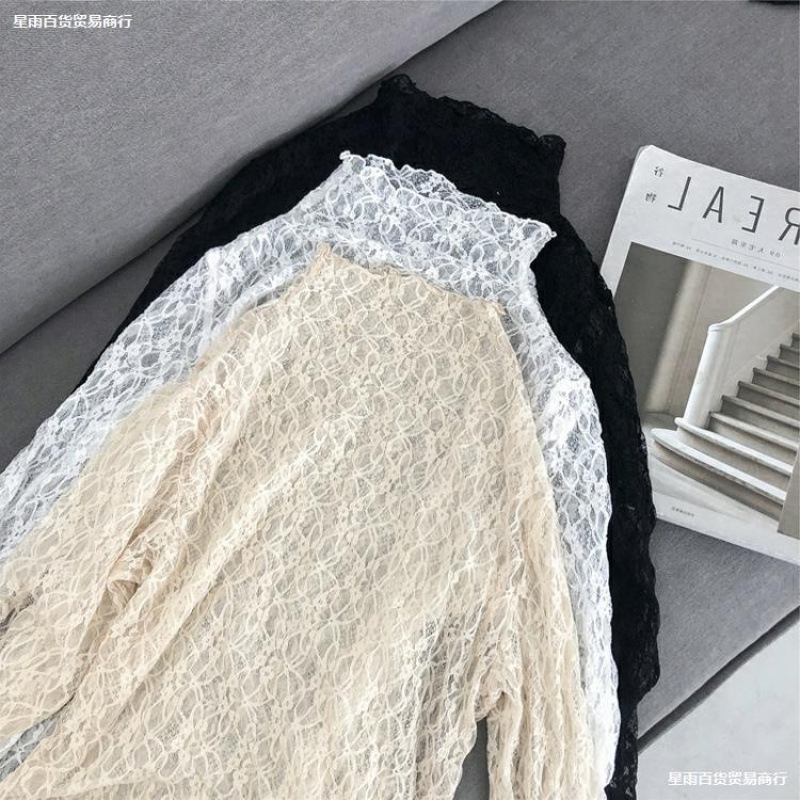 Half Turtleneck Lace Bottoming Shirt for Women, Mesh Long-Sleeved Autumn and Winter Sweater with See-Through Cut Out Top, Fashionable Little Shirt