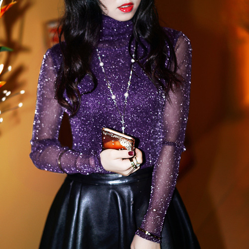 2025 Spring High Neck Fleece Lace Top for Women, Versatile, Fitted, Plus Size, Shimmering Silk Net Fabric, Warm Base Layer T-shirt