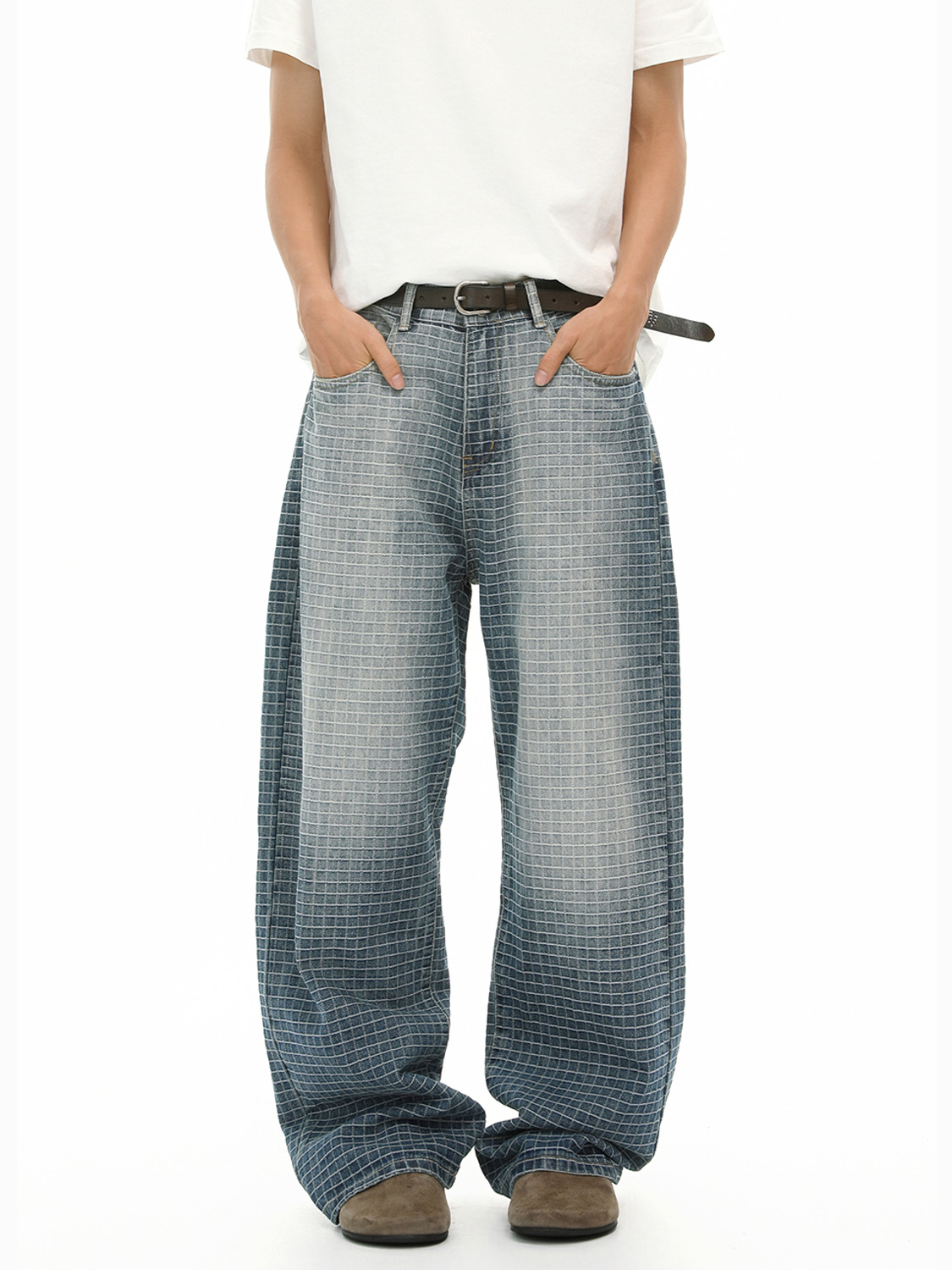 Mtlclothes Men's American Retro Washed Gradient Blue Plaid Jeans Versatile Wide-Leg Straight Floor-Length Pants