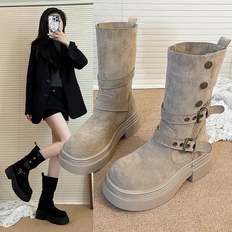 时尚新起点不过膝厚底长筒靴女2025新款马丁小个子增高显瘦骑士靴
