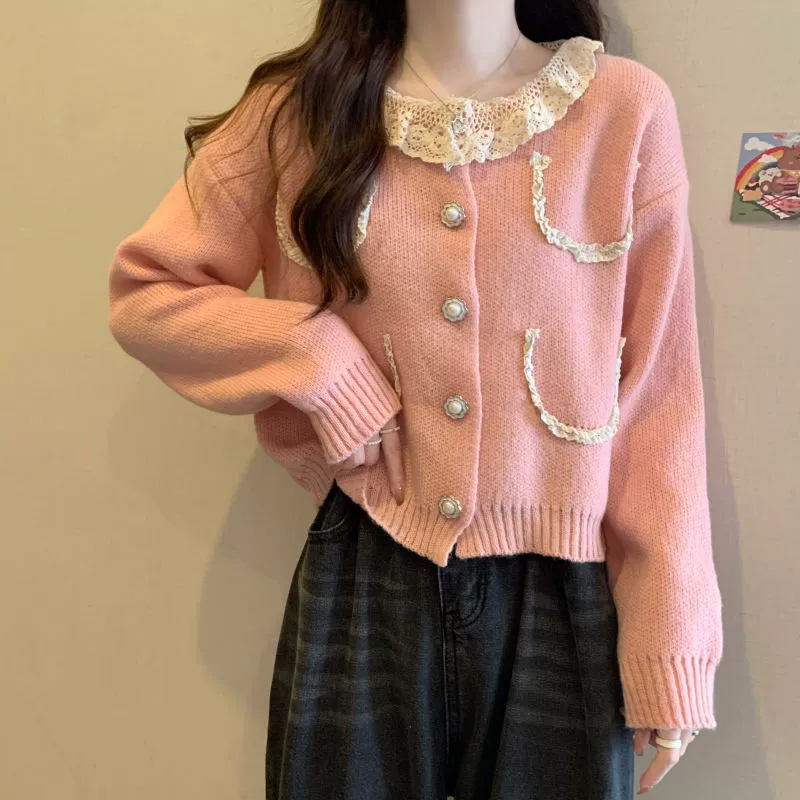 Вязаный oversize кардиган, женский свитер с кружевной оторочкой фуксия, осенний