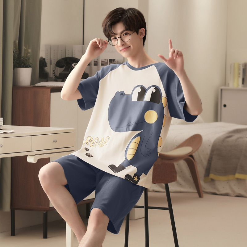 Pajamas Men's Short-Sleeved Thin Summer Casual Loose Plus Size Summer Round Neck Simple Youth Home Wear Set