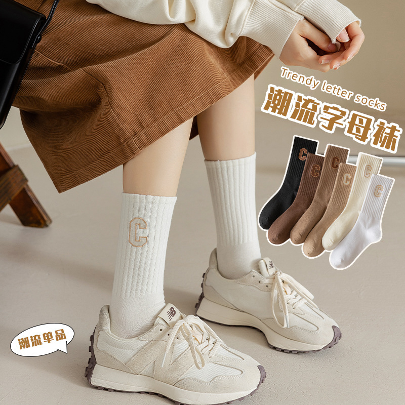 Socks Women's Spring and Autumn Cotton Mid-length Socks Autumn Stocking ins Trendy Long Barrel Letter C Outer Wear Shark Pants Trendy Stocking