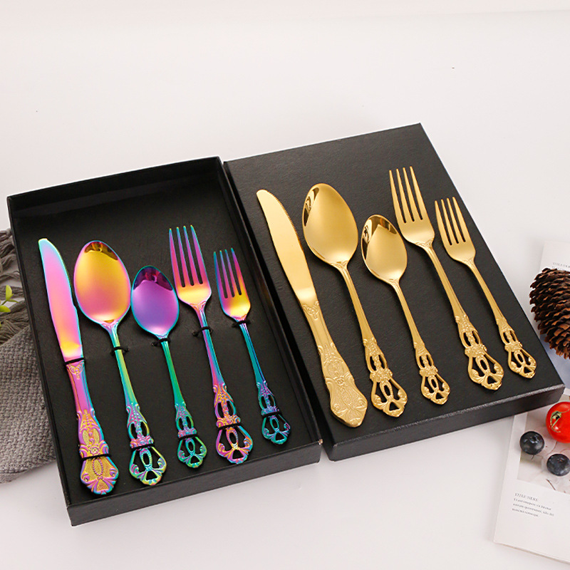 410 Acero inoxidable Royal Court Hollow alivio vintage vajilla conjunto de 5 unidades creativo hotel restaurante occidental carne, tenedor y cuchara