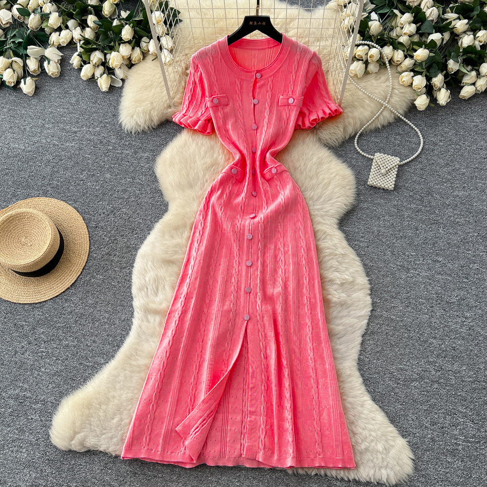 Women's Clothing Elegant Knit Tweed Dress With Front Buttons And Short Sleeves For Women_ecoleips.com