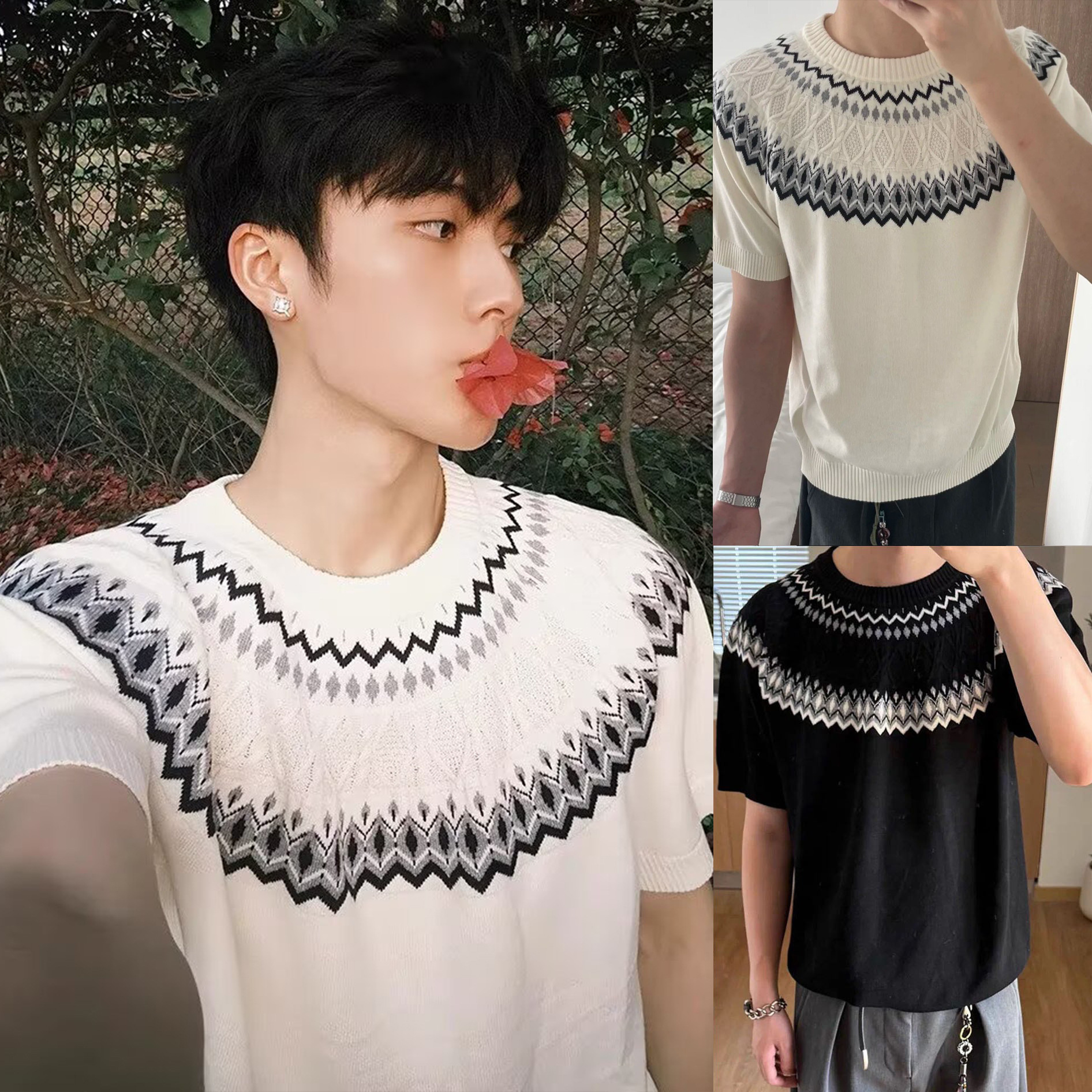 Isla de Fair camiseta de punto de manga corta camiseta de cuello redondo jacquard hombre viejo estilo casual hielo de verano fábrica transfronteriza mayorista