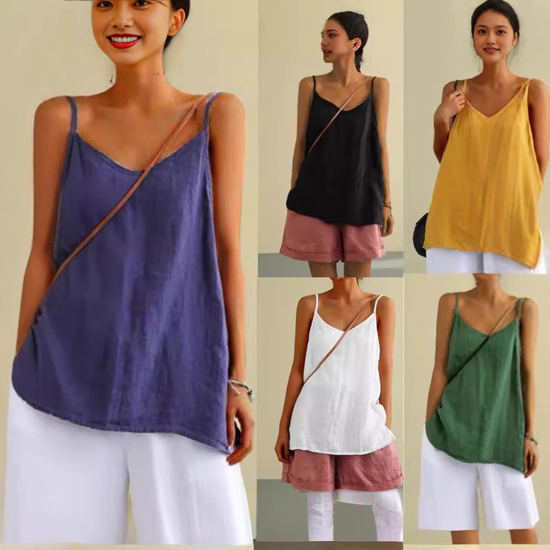 2026 European and American Cotton and Linen Camisole Women's Summer New Loose Cotton and Linen Sleeveless Versatile Base Top