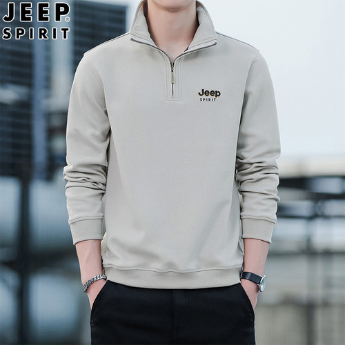 JEEP SPIRIT秋季长袖T恤男休闲宽松立领男装半高拉链卫衣有领纯色