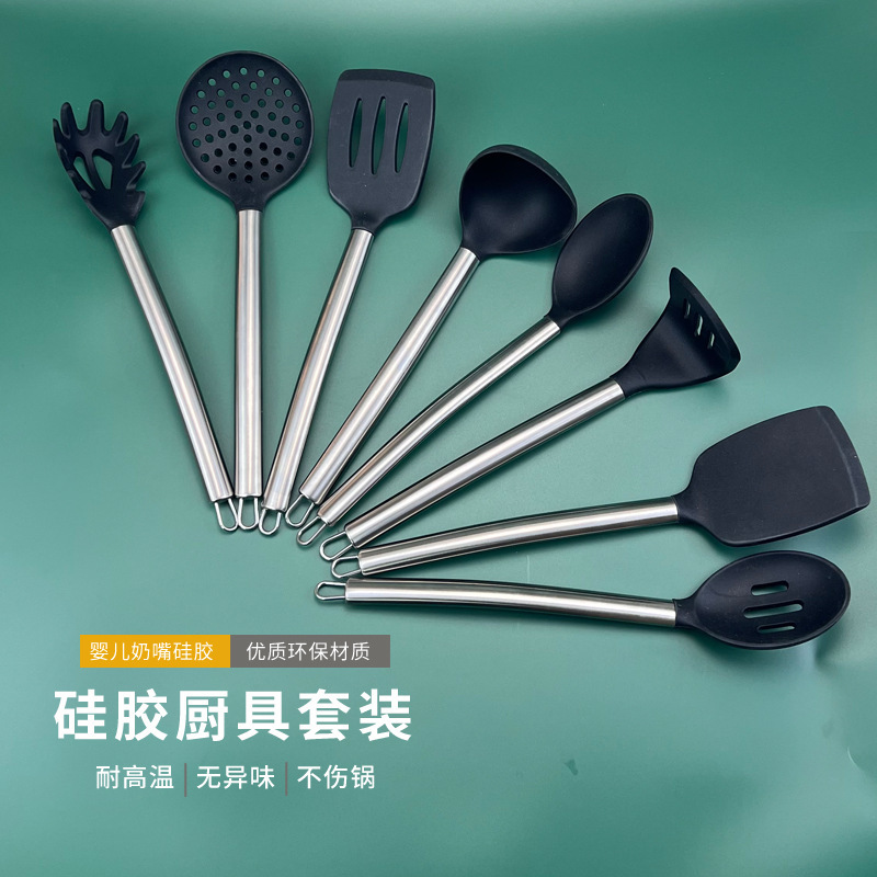 Juego de utensilios de cocina de silicona con mango de acero inoxidable, olla antiadherente de presión de papa de silicona, pala, cuchara, espátula, stock de fábrica