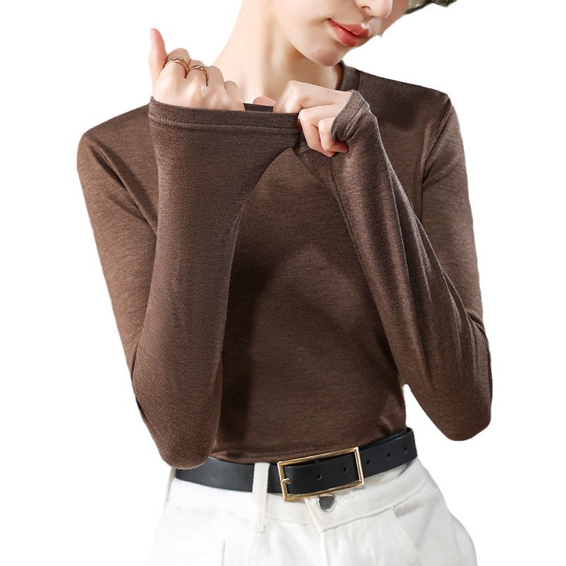 Camisa de fondo de terciopelo alemán cálido, temperamento femenino, 2024 nuevo estilo de otoño e invierno, cuello redondo de todo fósforo, top delgado de manga larga image 5
