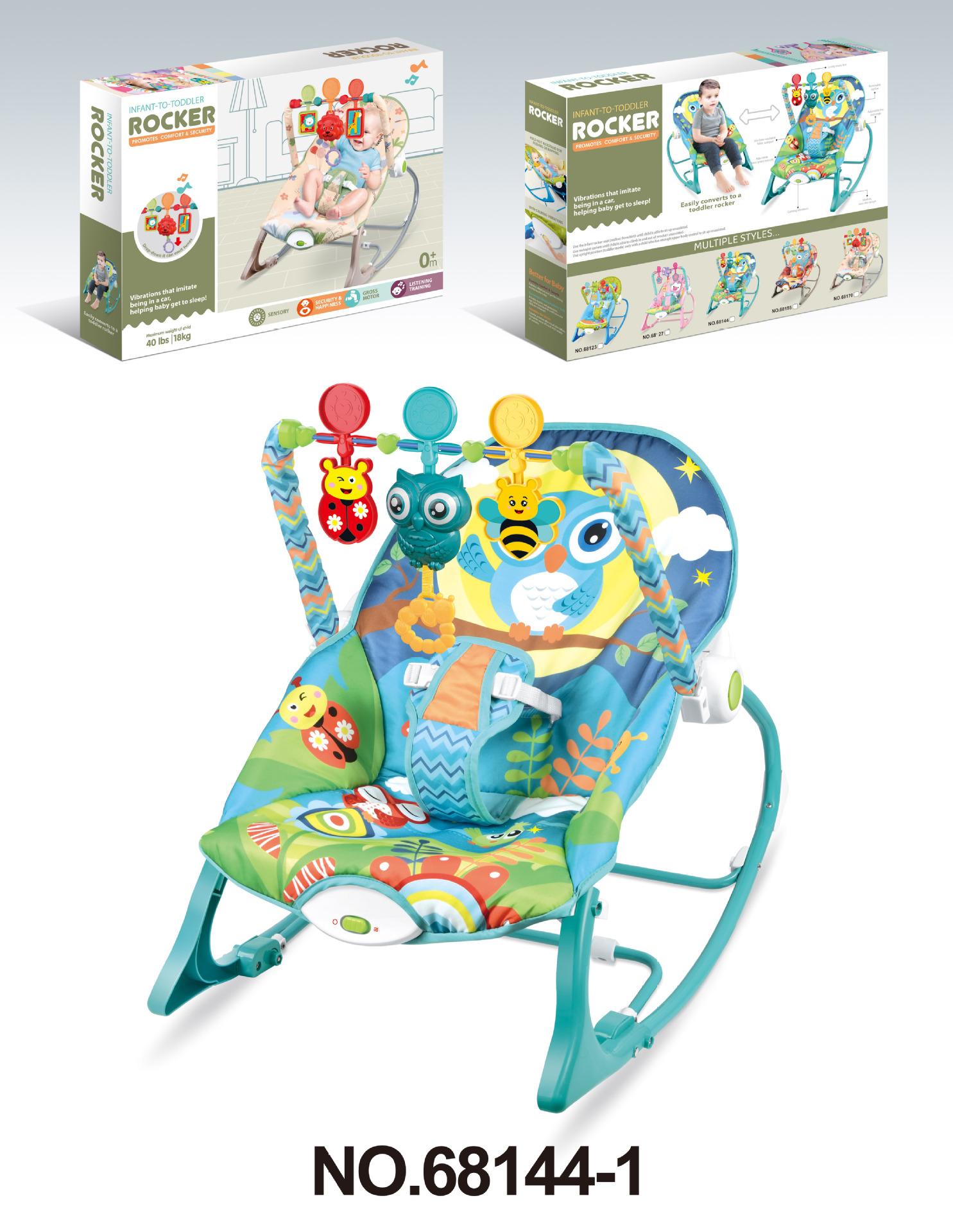 Silla mecedora multifuncional para bebés de Source Factory, con música y vibración, reclinable ajustable para recién nacidos.