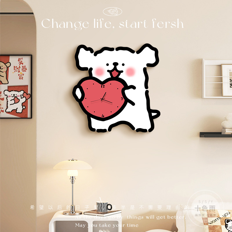 线条小狗客厅挂钟装饰画奶油风餐厅时钟儿童卧室创意静音钟表挂画