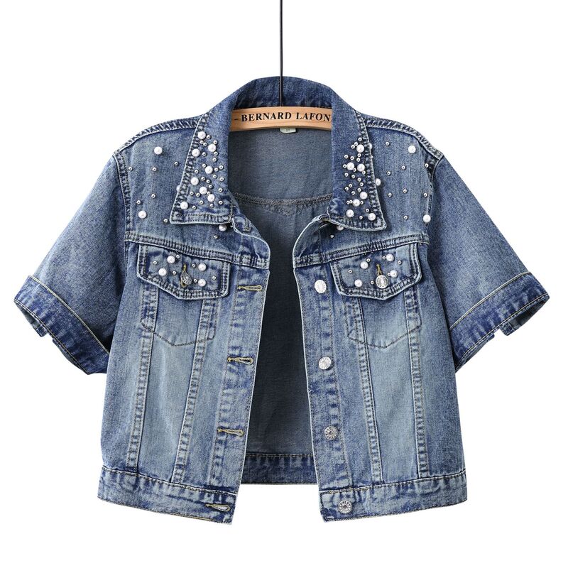 Cross-Border Trade Heavy-Duty Fashion Beaded Short Denim Jacket for Women, Loose Short-Sleeved Mid-Sleeve Casual Top Jacket