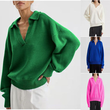 2023亚马逊欧美秋冬新款跨境速卖通女式针织polo领套头绿色毛衣女