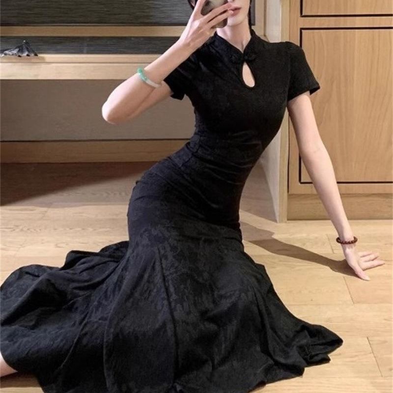 2025 Cheongsam Dress New Chinese Style Early Summer Outfit Improved Hepburn Style Waist-Cinching Fishtail Bodycon Dress