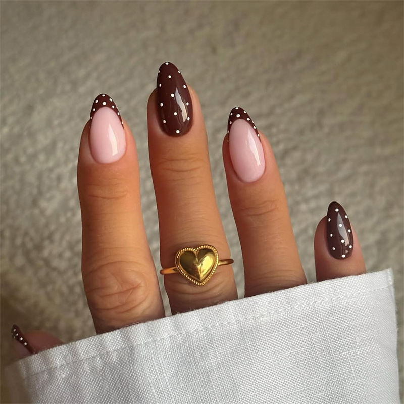 European and American Cross-Border Wearable Nails Brown Red French Almond Nails Simple Autumn and Winter Polka Dot Fake Nail Patches Manicure Nails
