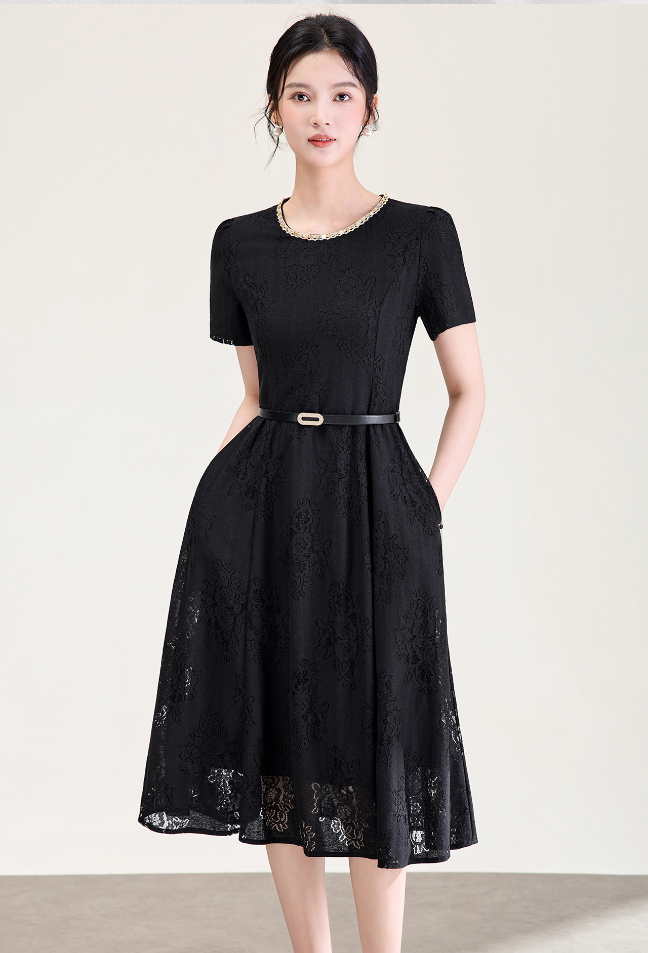 Đầm suông nữ midi thắt eo ren đính đá jacquard chữ A — màu đen chi tiết 2