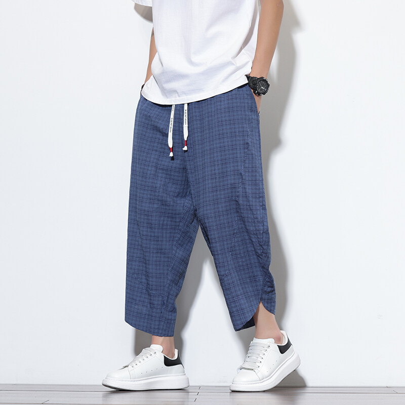2025 Summer Men's Loose Plus Size Wide-Leg Harem Pants Japanese Chinese Style Plaid Harem Beach Pants
